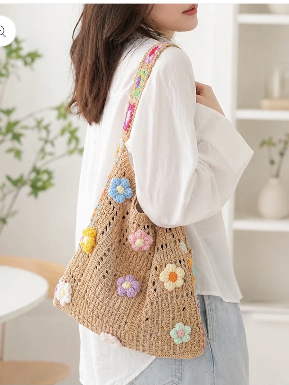 Beige Crochet Flower Shoulder Bag - Boho Tote